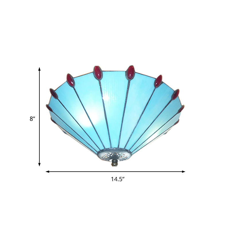 Blue Tiffany Style Cone Ceiling Lamp - Art Glass Finish Flush Light For Dining Room