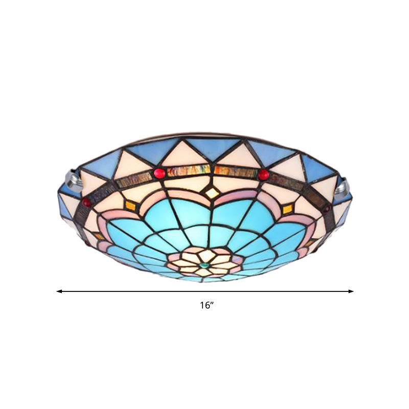 Baroque Bowl Flush Mount Stained Glass Ceiling Light In Blue/Blue-Brown - 12/16/19.5 Wide