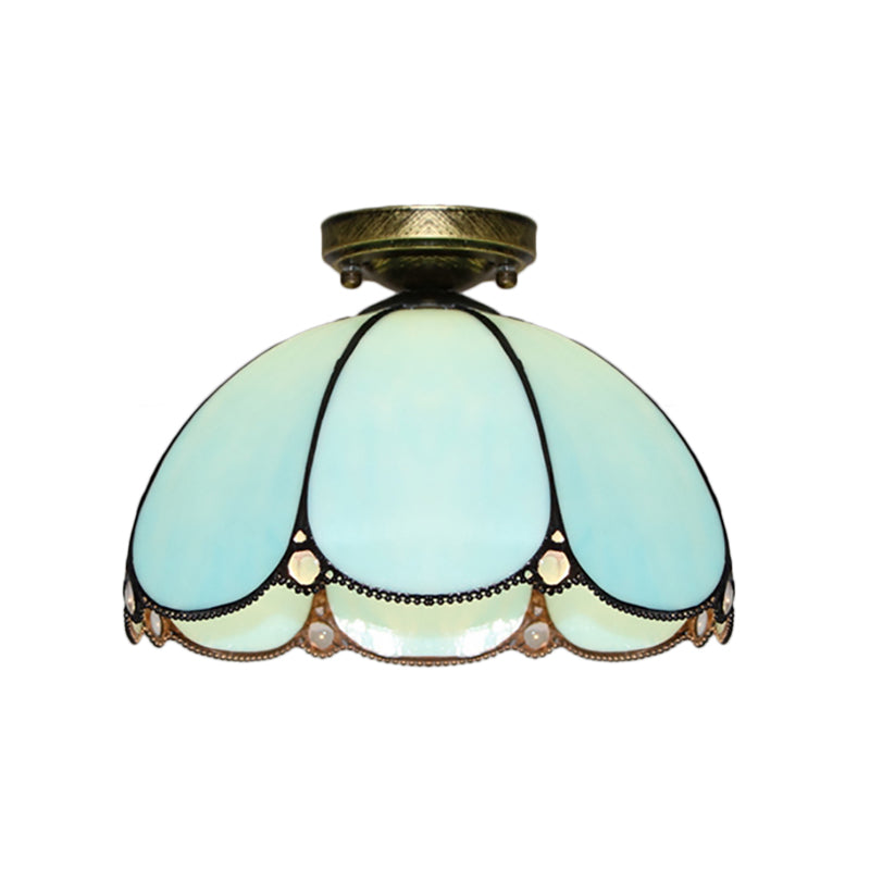 Scalloped Vintage Stained Glass Flush Mount Light - 1 In White/Beige/Blue Perfect For Living Room