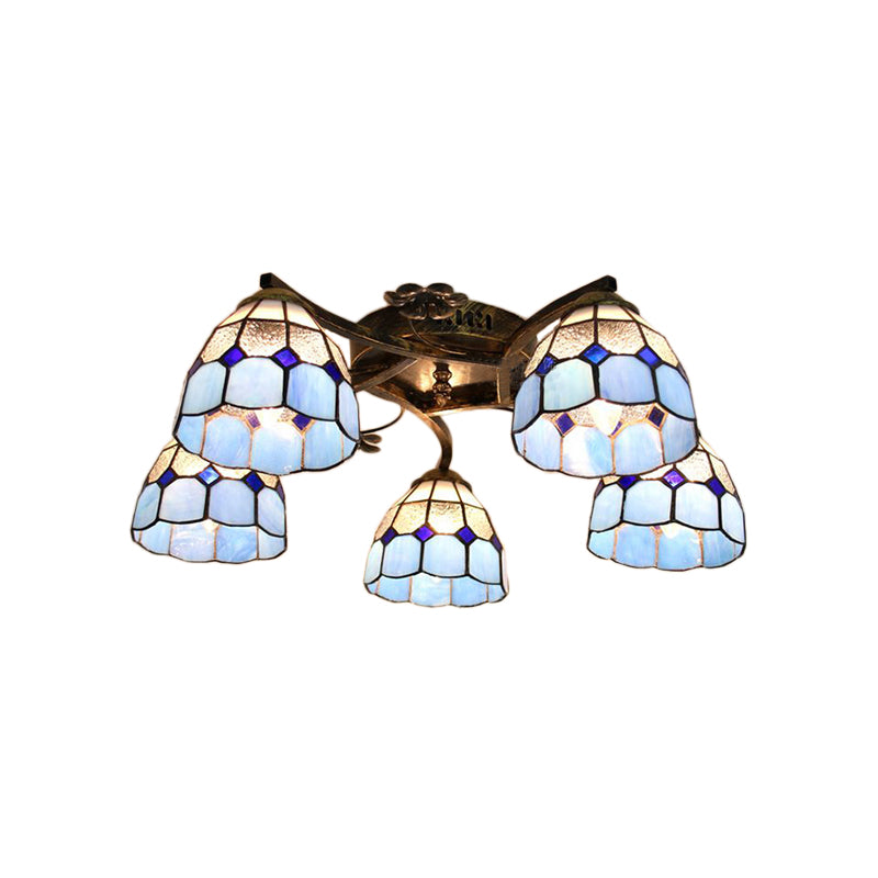 5-Light Tiffany Style Dome Semi Flush Mount Light In White/Clear