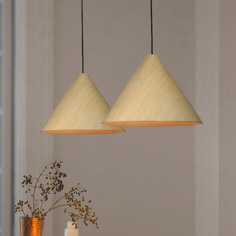 Rustic Red/Beige Cafe Suspension Lamp With Conic Wood Shade - 10/13 Wide Beige / 10