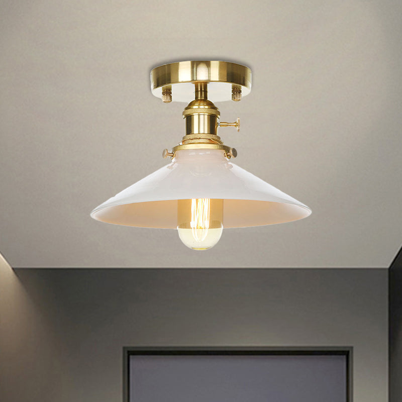 Vintage Metal Cone Ceiling Light Fixture - White Semi Flush Mount For Kitchen
