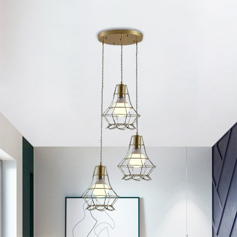 Vintage Iron Caged Ceiling Pendant Light With Petal Shade And Round/Linear Canopy - Golden 3 Lights