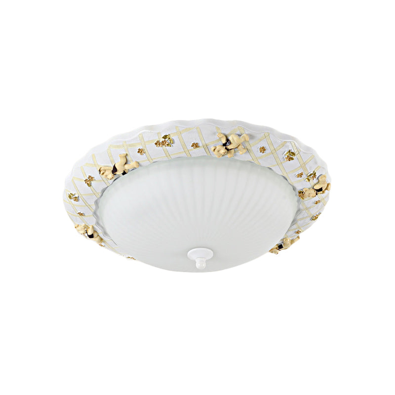Kids Bear Flush Mount Ceiling Light For Baby Bedroom - White Fluted Glass Lamp