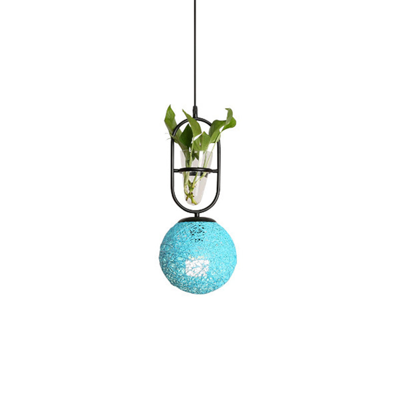 Macaron 1-Head Rattan Hanging Ceiling Light In Beige/Red/Pink With Plant Pot - Kitchen Pendant