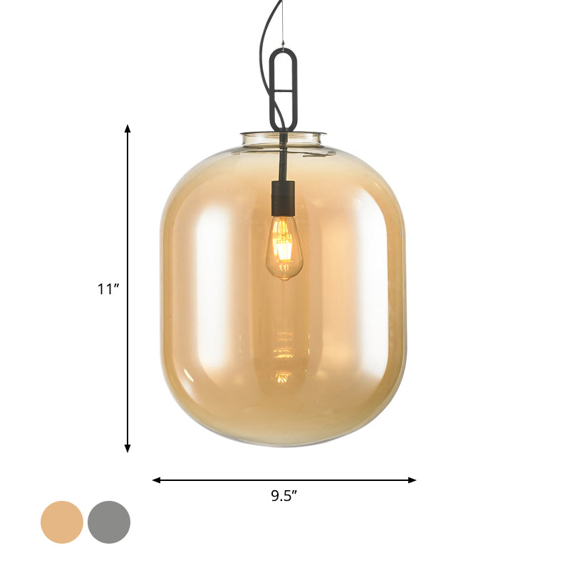 Modern Black Ovale Ceiling Pendant Light Fixture - 1 Bulb Smoke Grey/Amber Glass Sizes 9.5/14/17