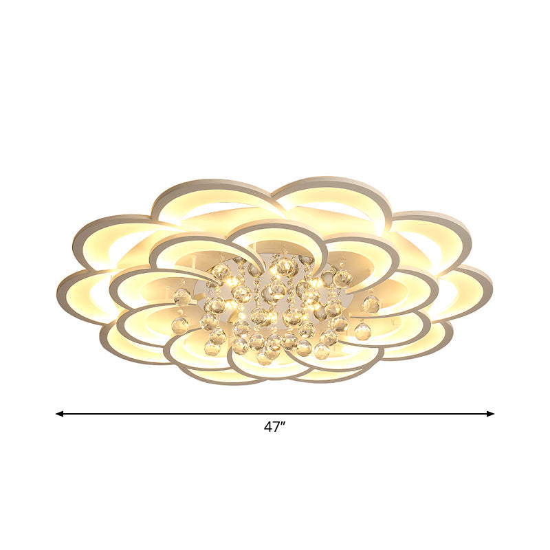Modern Floral Girls Bedroom Led Flush Ceiling Light With Crystal Ball Drop In White - 20.5/31.5/47
