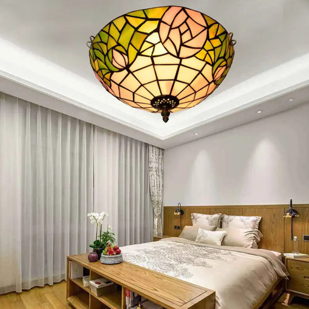 2-Head Tiffany-Style Stained Glass Rose Ceiling Flush Mount For Bedroom Bronze