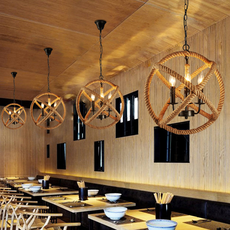 Factory Beige Natural Rope Globe Cage Chandelier Light With 3 Bulbs – Elegant Candle Design