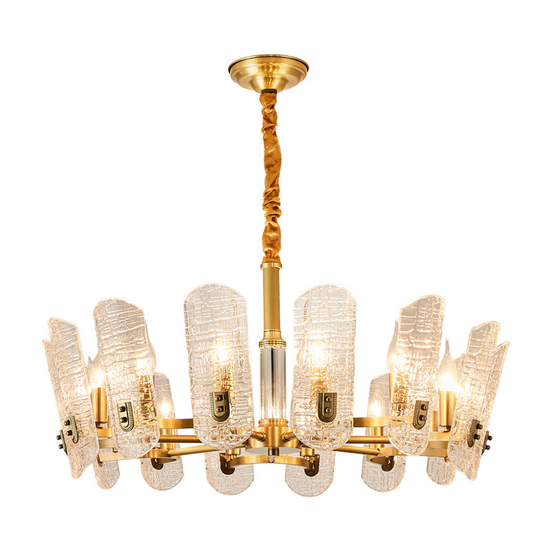 Postmodern Clear Crackle Glass Oval Pendant Light - Brass 14/16 Heads Ceiling Chandelier