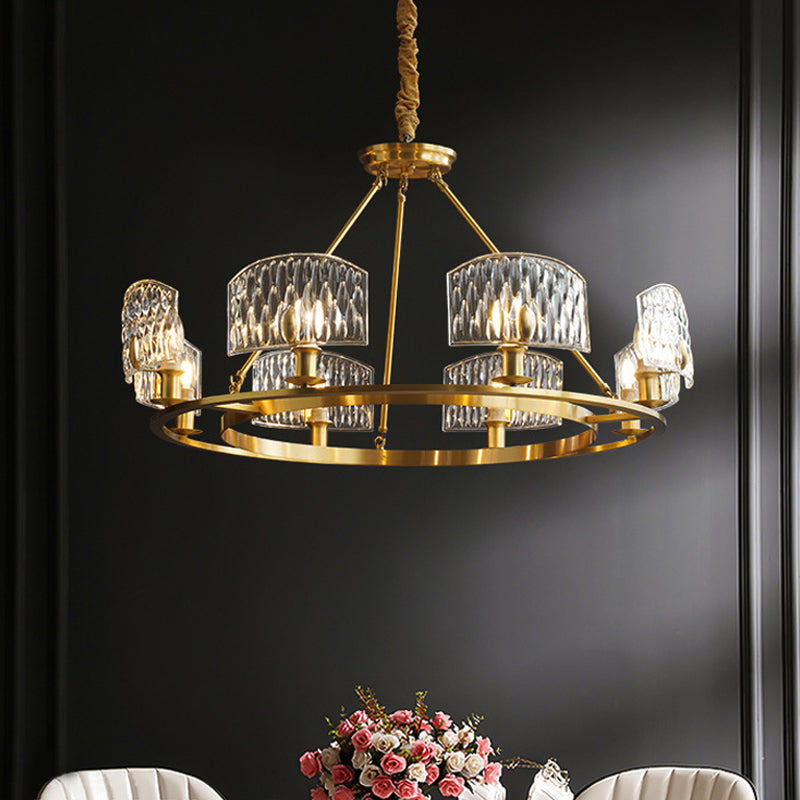 Mid-Century Textured Glass Circle Pendant Light With 6/8/10 Lights In Gold For Living Room