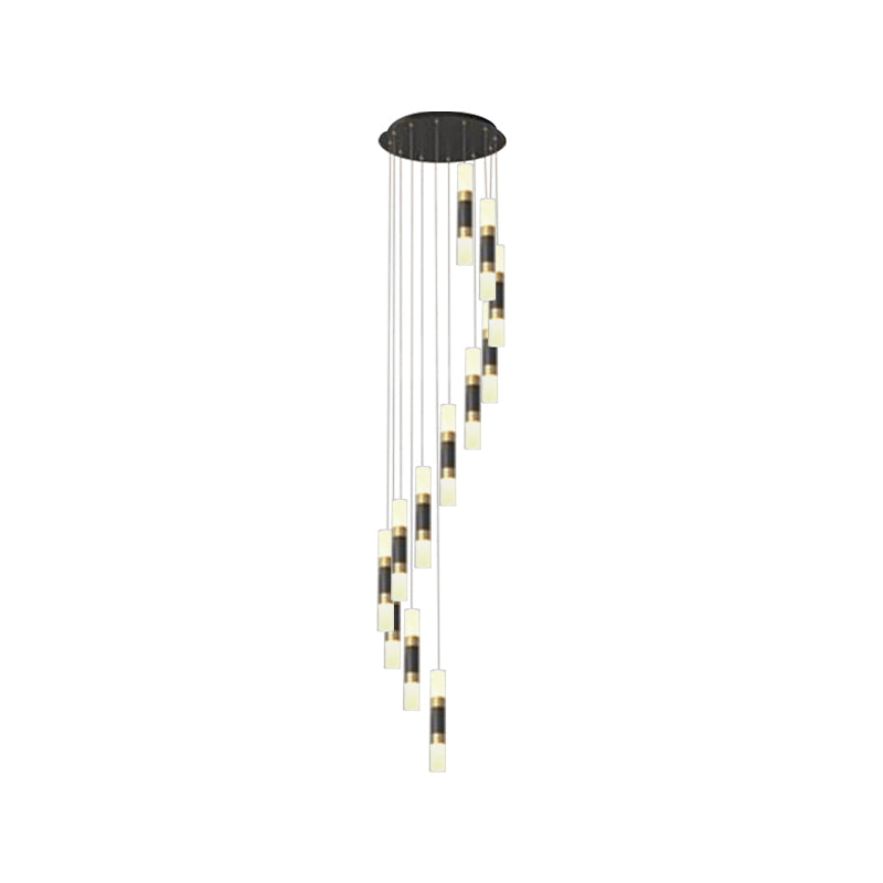 Contemporary Metal Tubular 12-Head Pendant Light Fixture In Black And White With Spiral Design