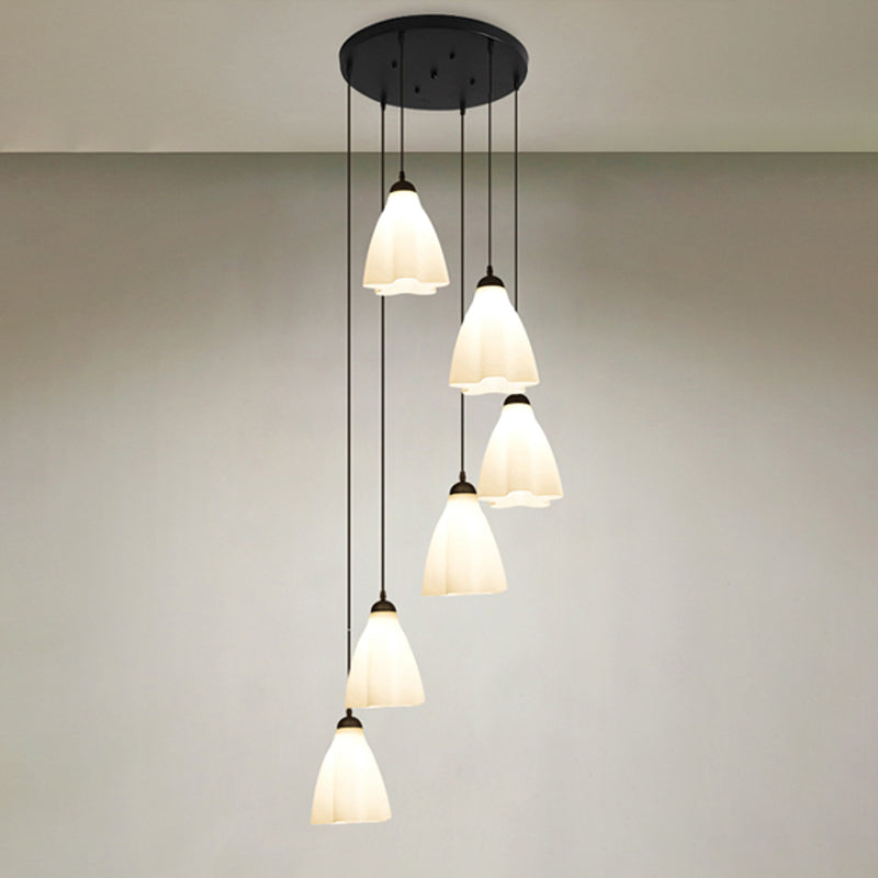 Simplicity Black Swirl Drop Pendant With White Glass Ruffled Cluster 6 / Round