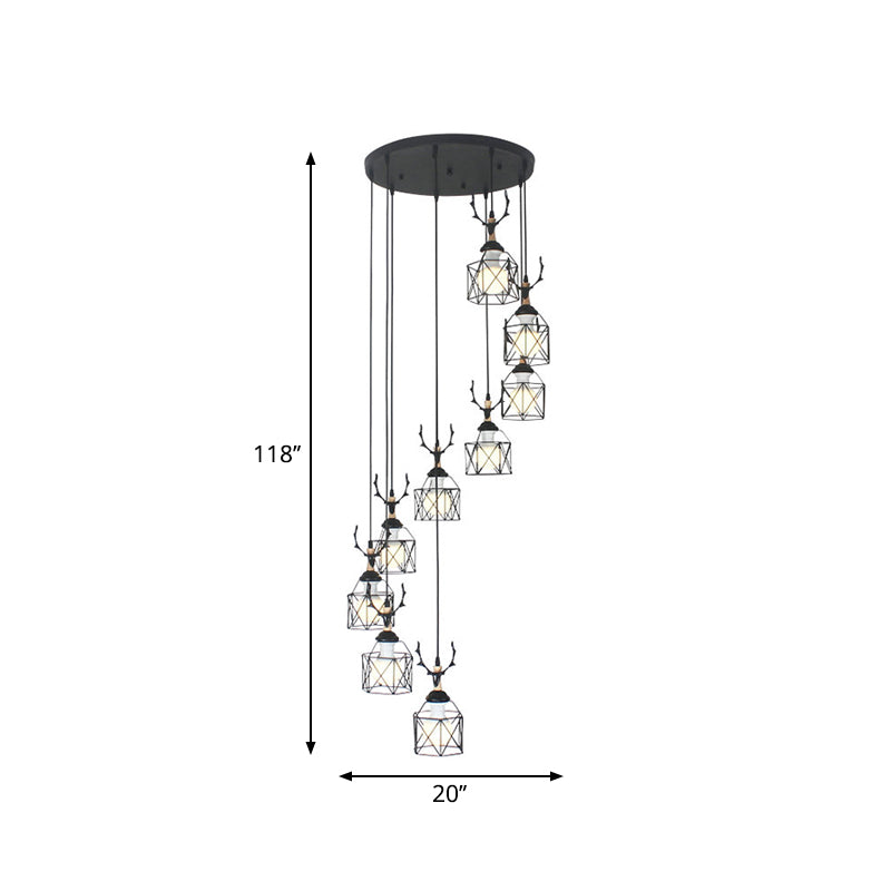 Modernist Black Hexagon Cage Pendant Lamp With Spiral Metal Design