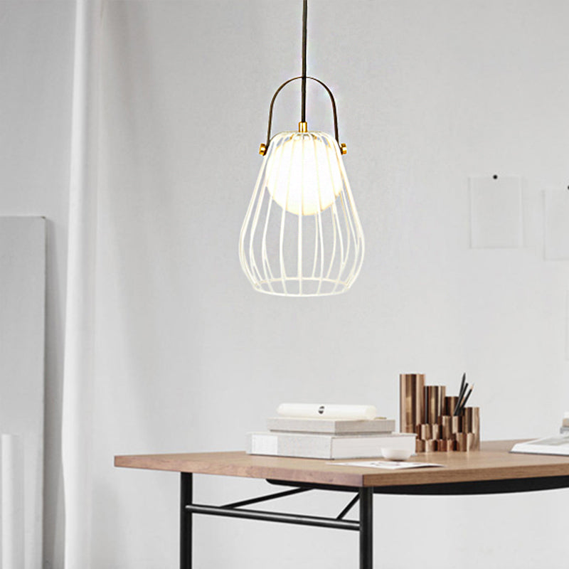 Gourd Cage Pendant Light Kit - Minimalist Metal Hanging Ceiling White