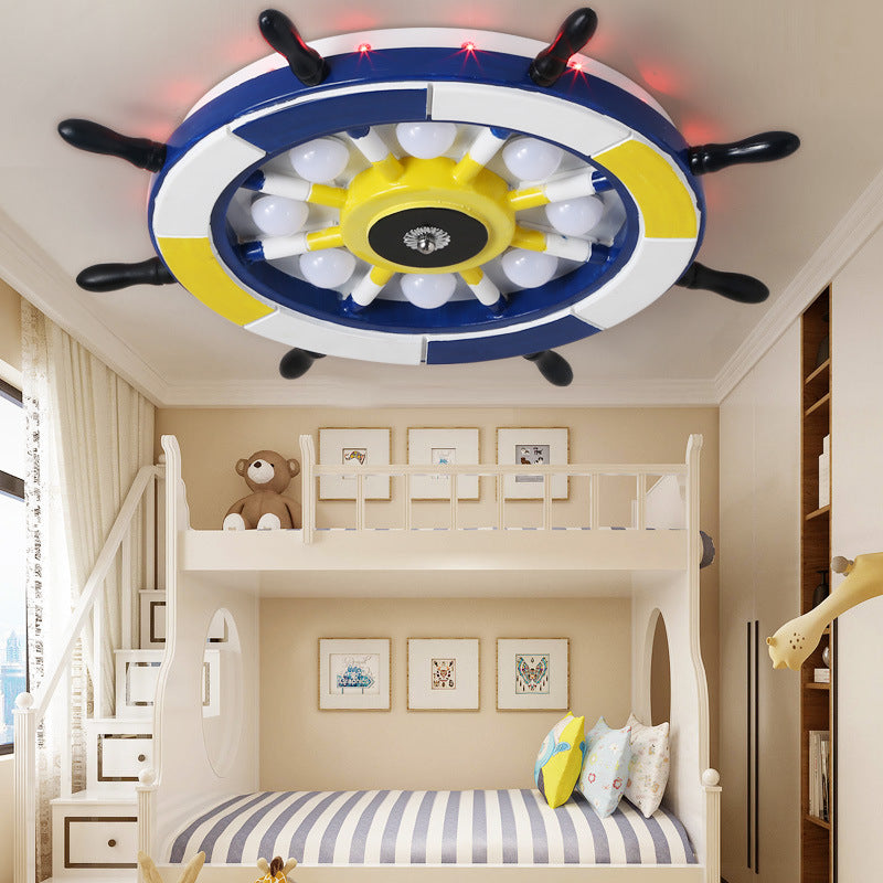Nautical Style Led Wood Shade Flush Mount Ceiling Light - Blue Finish Dome/Rudder Design