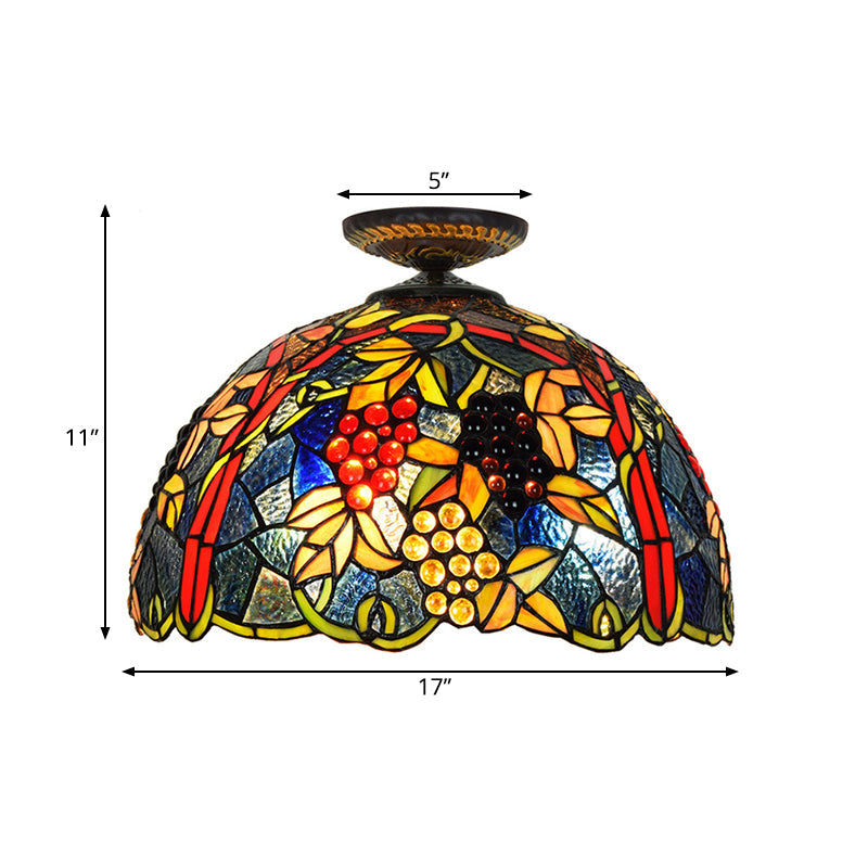 Victorian Domed Flush Ceiling Light - Brass With Grape Pattern 12/16.5 Width Stained Glass 1-Light