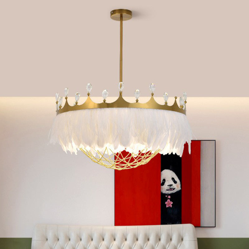 Crown Feather Ceiling Light: Artistic 1-Head Hanging Lamp For Girls Bedroom With Chain Net & Crystal