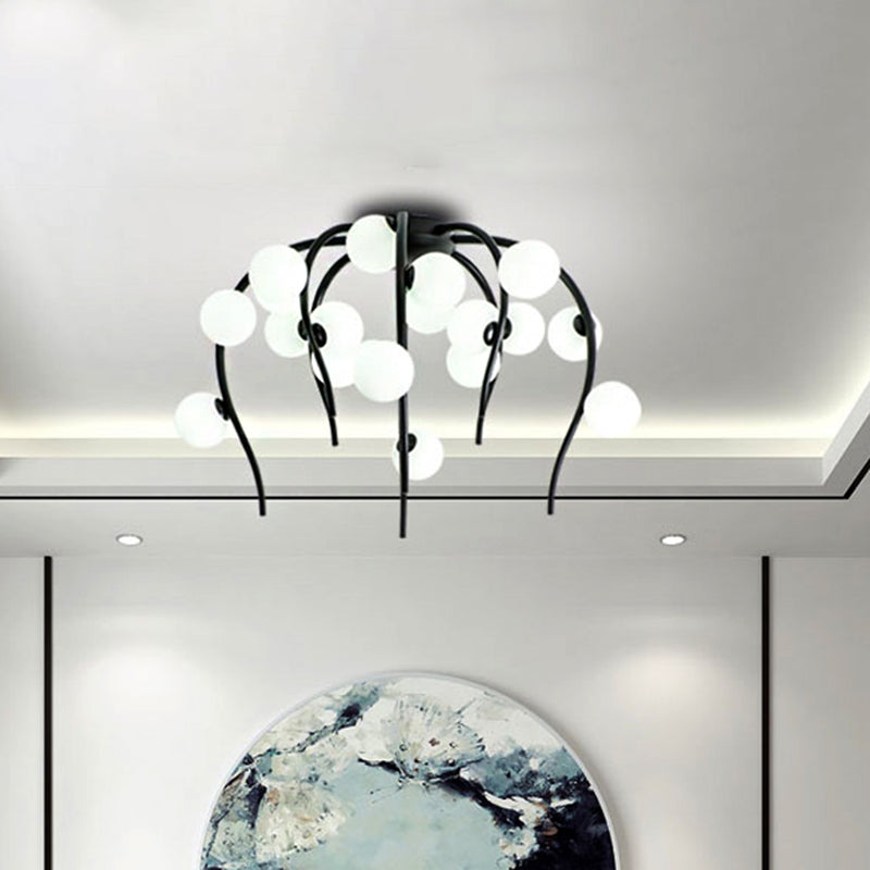 Modern Black/Gold Iron Chandelier With Matte White Balls - 15/20-Light Dining Room Hanging Lamp