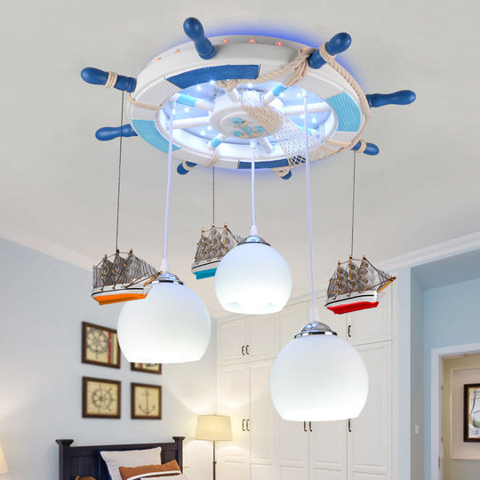 Cartoon 3 Bulb Cream Glass Dome Ceiling Light – Flush Mount With Rudder Canopy (White)