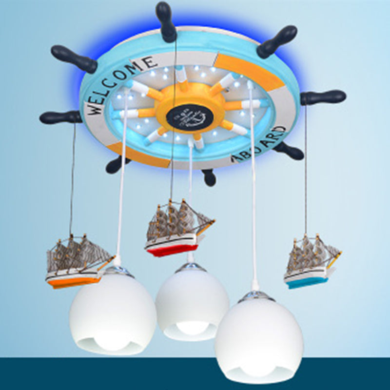 Cartoon 3 Bulb Cream Glass Dome Ceiling Light – Flush Mount With Rudder Canopy (White)