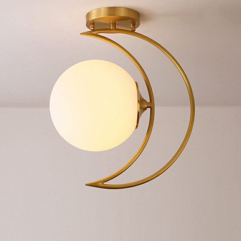 White Glass Semi Flush Ceiling Light With Nordic Style Gold Crescent Design
