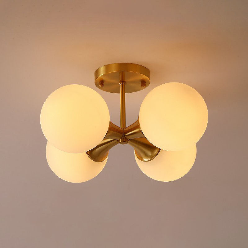 Postmodern Gold Finish Flush Mount Ceiling Light With White Glass Ball