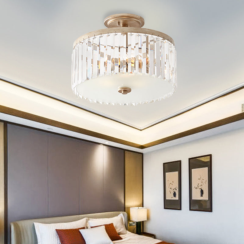 Vintage Crystal Block Ceiling Light With Clear Design - 3 Lights Semi Flush Mount For Bedroom Drum