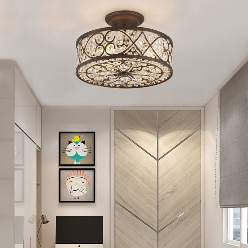 Rustic Metal And Crystal Drum Bedroom Ceiling Light Fixture - Semi Flush 3 Lights Rust