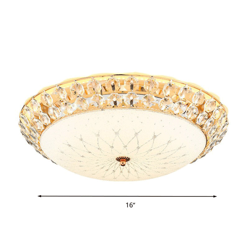 White Glass Led Flush Light With Crystal Accent - Simplicity Ceiling Lamp Available In 3 Sizes