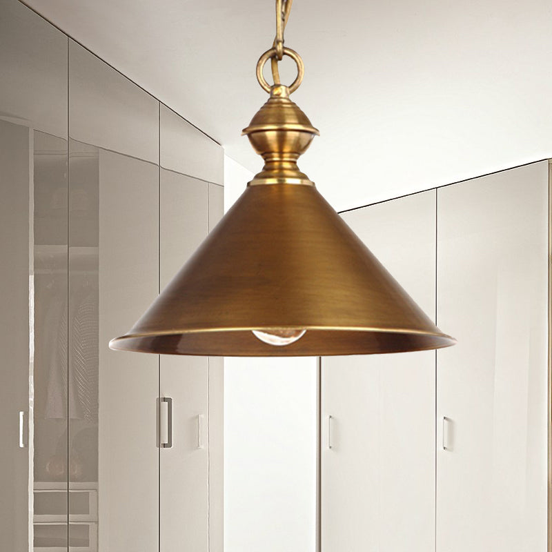 Vintage Brass/Gold Pendant Light With Conical Shade And 1 Bulb Gold / 13