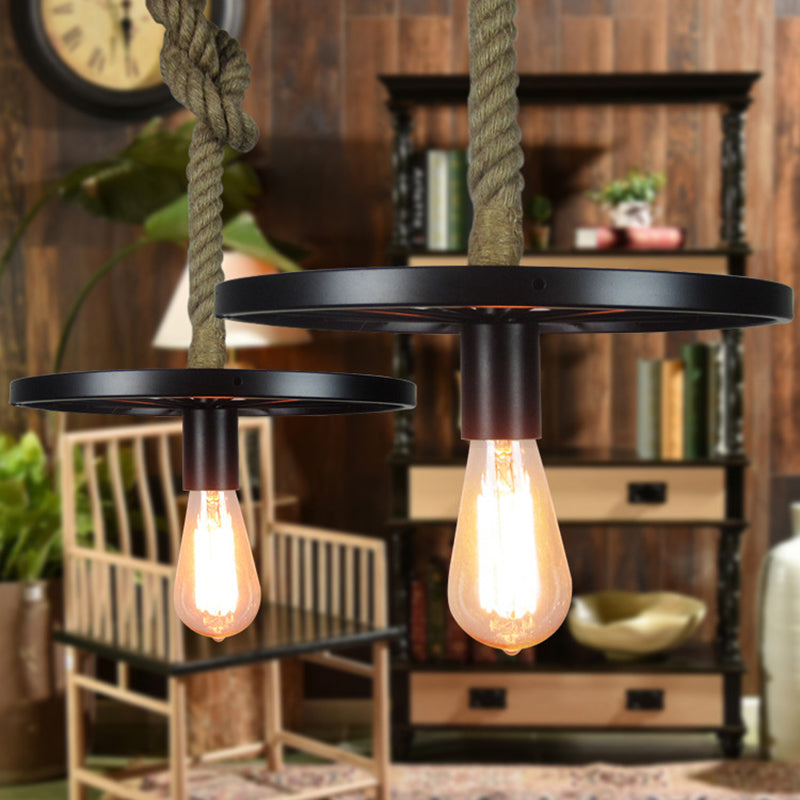 Vintage Style Wheel Pendant Light - 1 Head Metallic Ceiling Fixture In Black For Restaurants