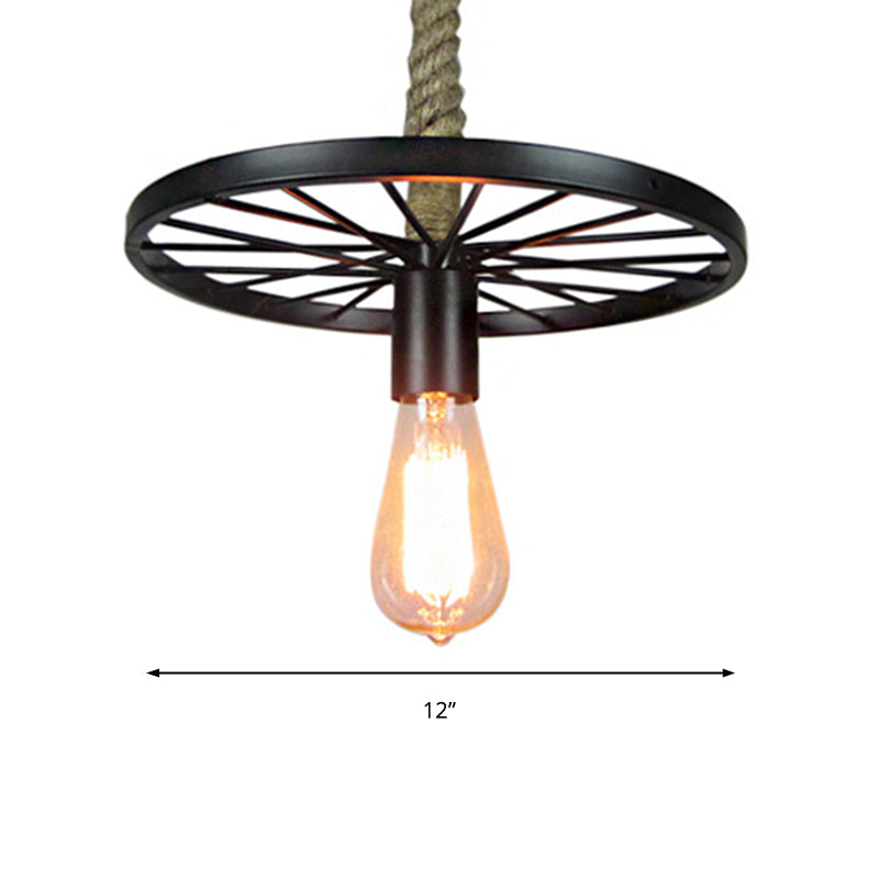 Vintage Style Wheel Pendant Light - 1 Head Metallic Ceiling Fixture In Black For Restaurants