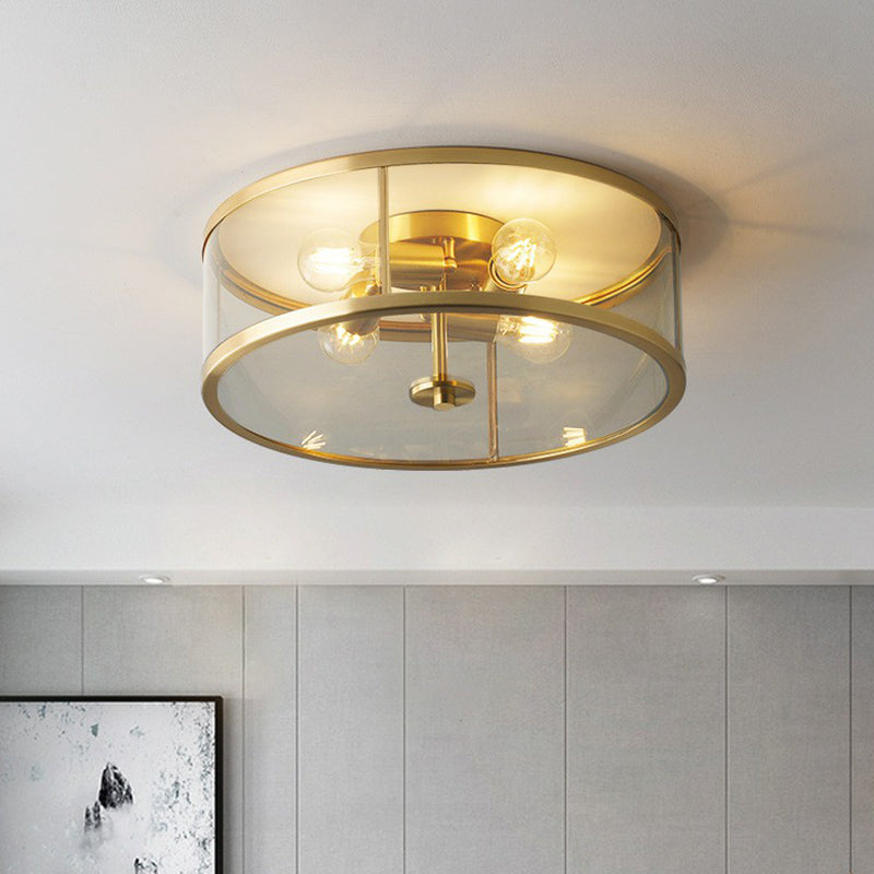 Simplicity Brass Clear Glass 4-Bulb Drum Flush Ceiling Light For Bedroom