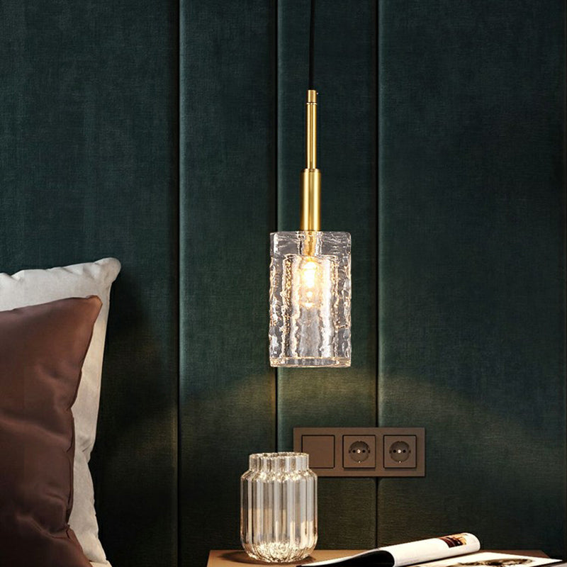 Gold Crystal Pendulum Dining Room Light - Simple Style Clear Rippled Glass 1-Bulb Hanging Fixture
