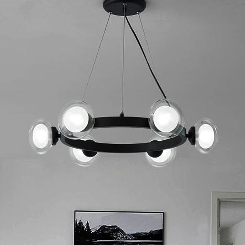 Contemporary Clear Glass Chandelier With Circle Ring Design - Led Lights Black Finish 6 /