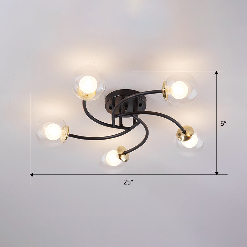 Modern Swirled Metal Semi Flush Ceiling Light With Glass Ball Shade