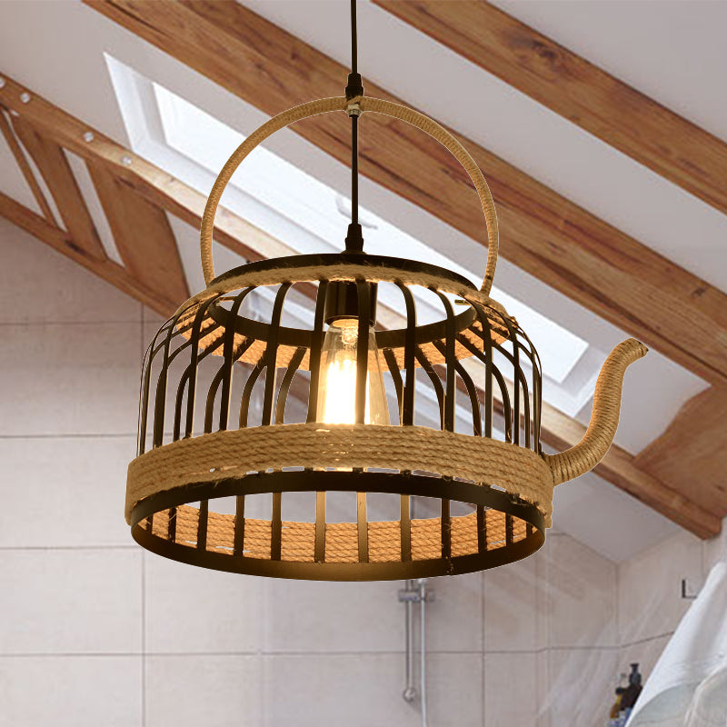 Vintage Metal And Rope Pendant Light - 1-Light Beige Hanging Lamp For Restaurants