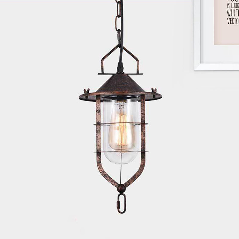Vintage Black/Rust Cone Ceiling Pendant Lamp With Clear Glass & Cage - Ideal For Living Room