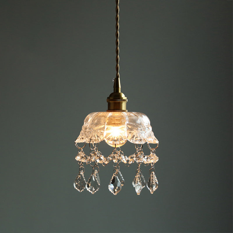 Vintage Flower Shaped Clear Glass Pendant Light With Teardrop Crystals Lighting