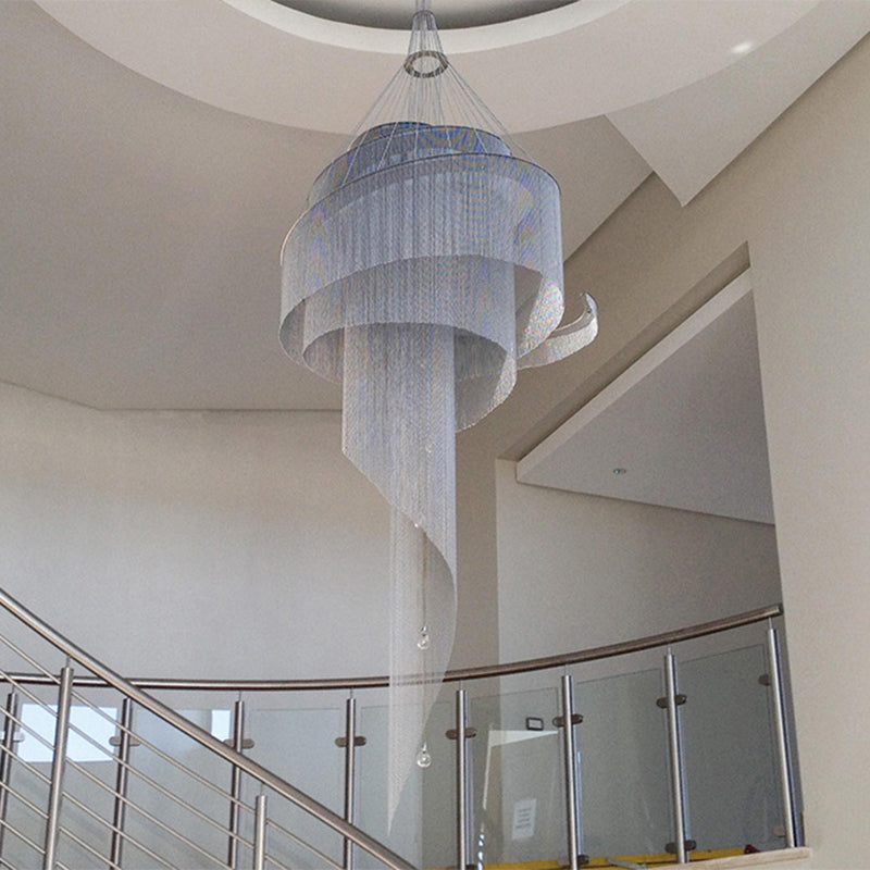 Sleek Spiral Tassel Chandelier - Modern Metal 4-Light Ceiling Light For Hall Silver