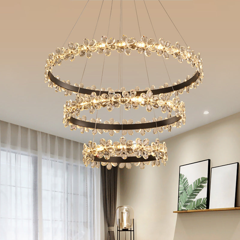 Contemporary Clear Crystal Chandelier With Flower Accents For Restaurant Hanging