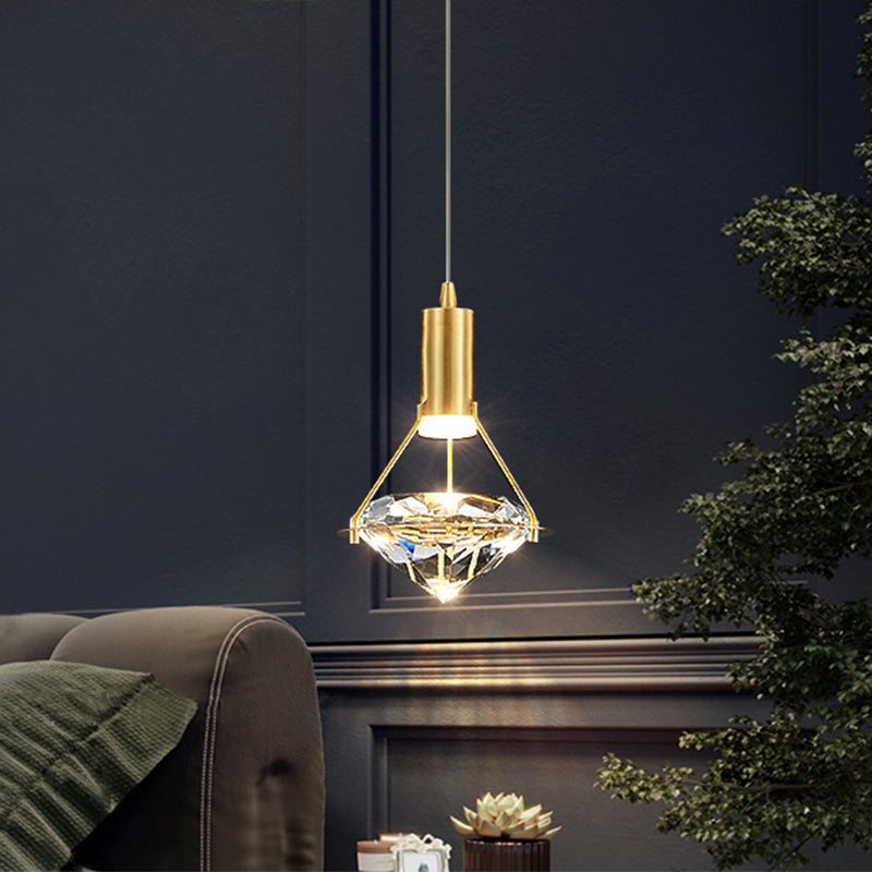 Modern Brass Crystal Pendant Light With Diamond Design - Led Bedroom Ceiling Lighting