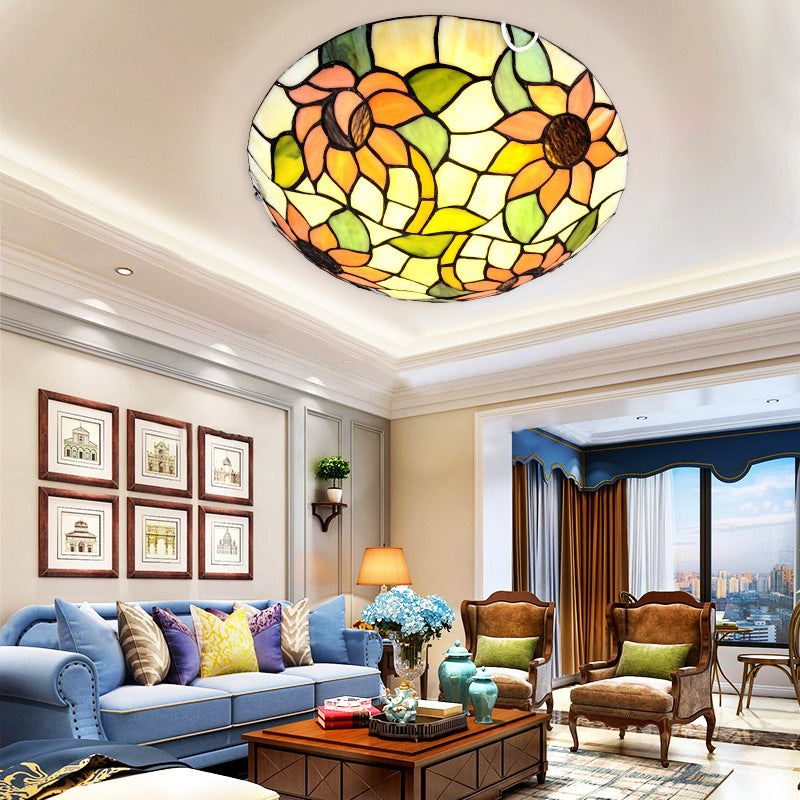 Sunflower Tiffany Stained Glass Flush Mount Ceiling Light In Vibrant Orange Bowl Shape