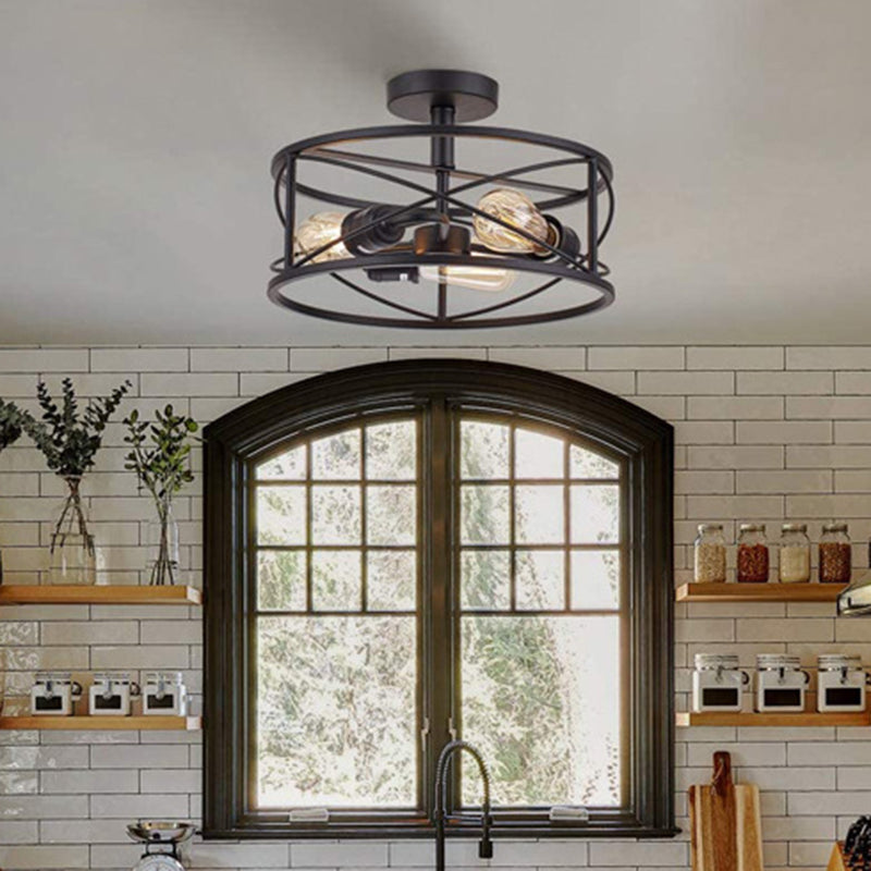 Retro Industrial Wrought Iron Ceiling Light With Black Frame