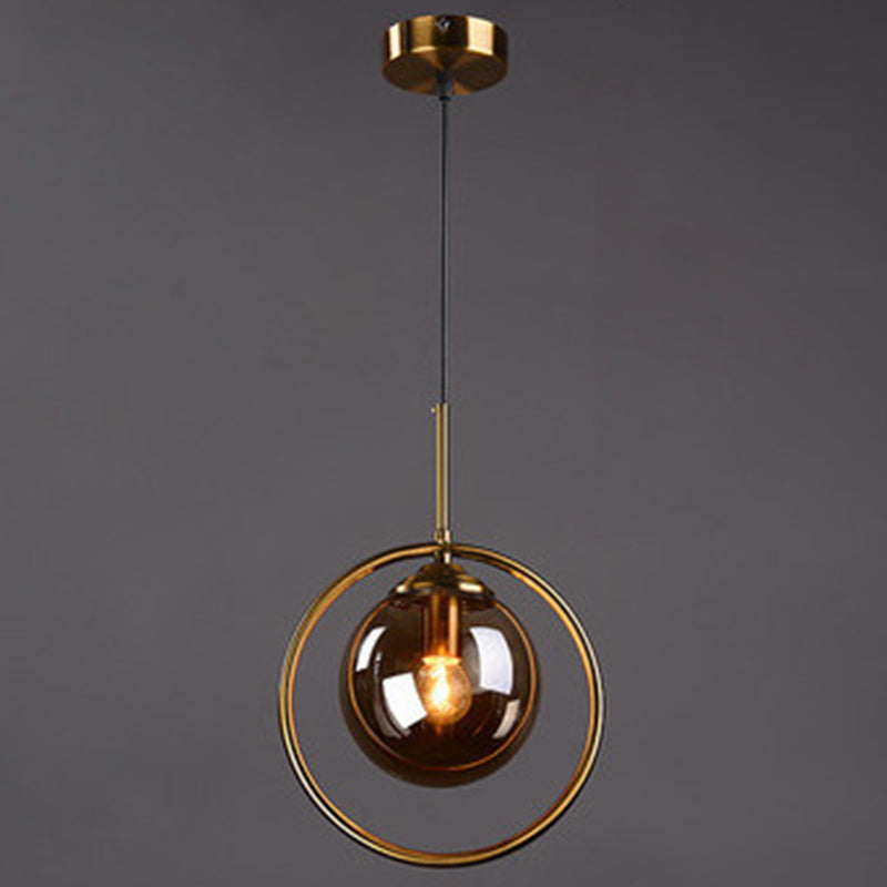 Mid-Century Design Hanging Lamp With Glass Shade And Metal Ring - Perfect For Bedroom Grey / Round