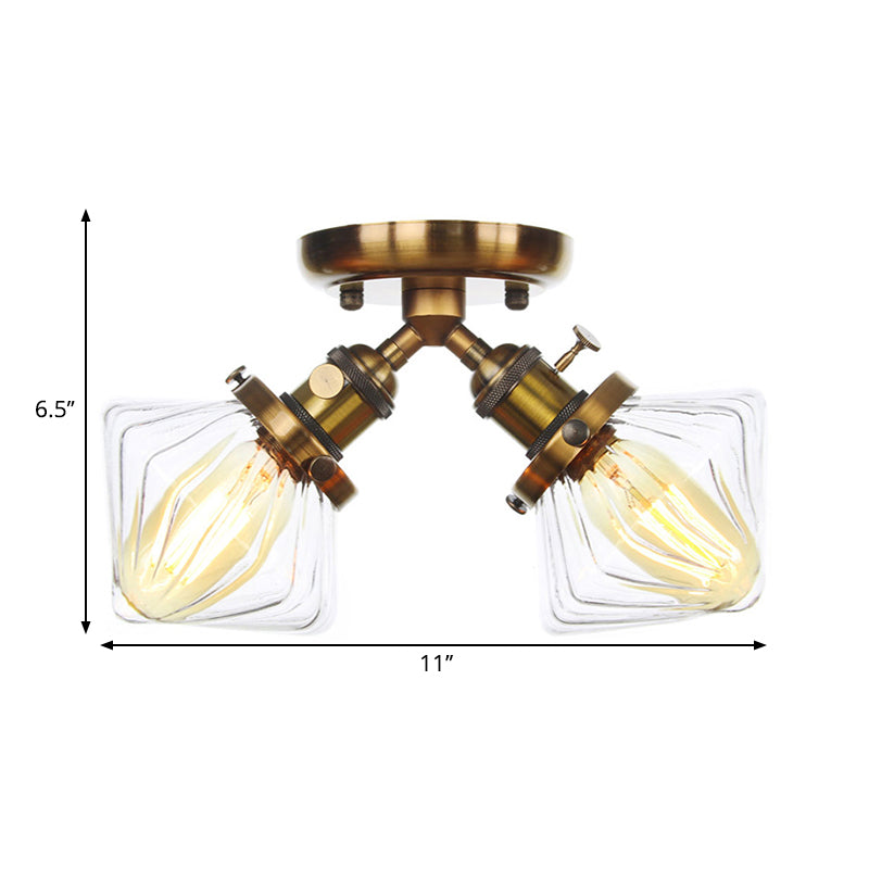 Diamond Amber/Clear Glass Semi Mount Farmhouse Light Fixture - 2-Light Flush Black/Bronze Design