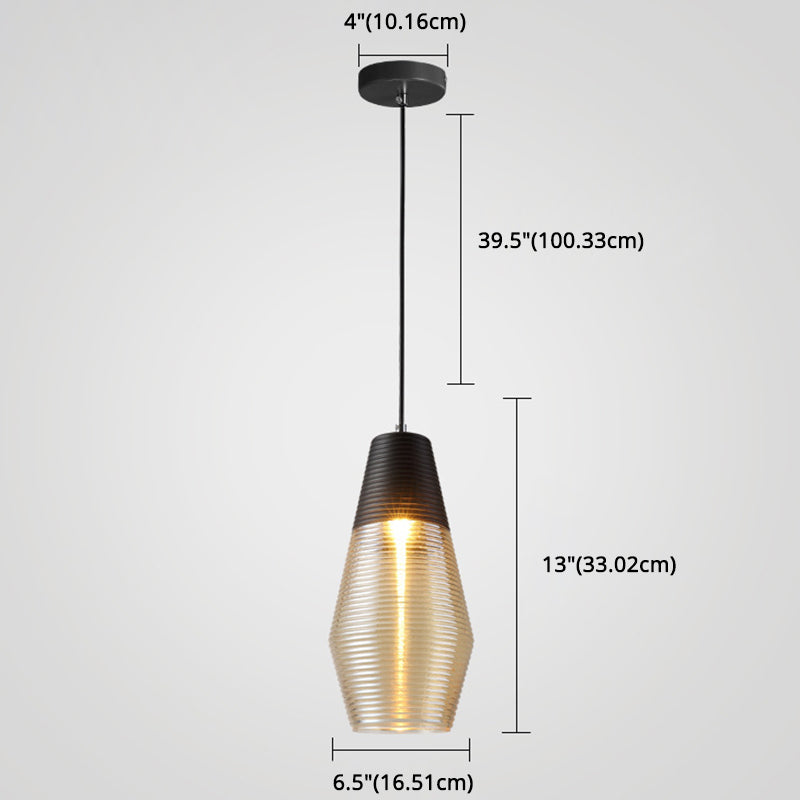 Modern Black Metal Pendant Light With Ribbed Glass Shade