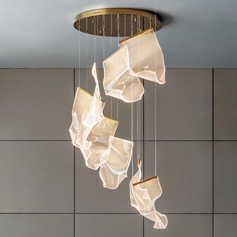 Minimalist Led Brass Finish Ceiling Light With Paper Sheet Design - Multi-Light Pendant Acrylic