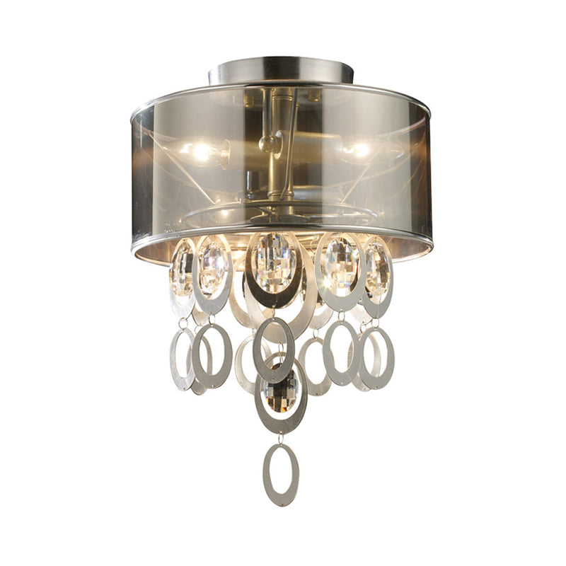 Vintage Silver Flush Mount Ceiling Light With Draping Ring - 2-Bulb Circular Fixture